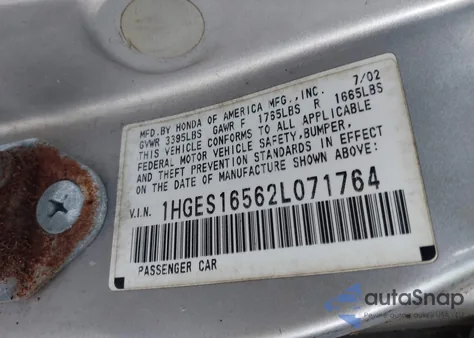 2002 Honda Civic Lx z USA, uszkodzony, nr VIN 1HGES16562L071764